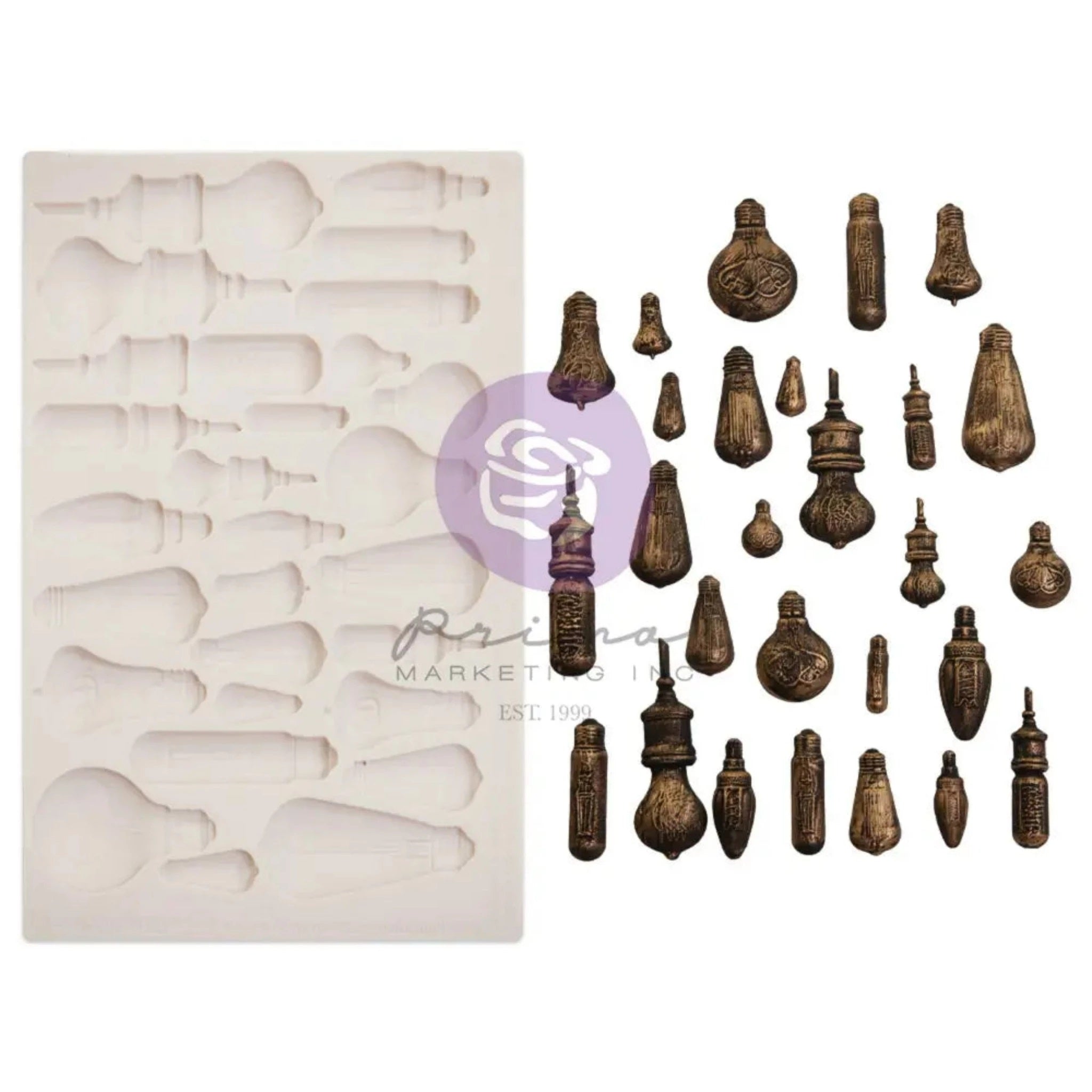 A beige silicone mold and bronze-colored castings of Finnabair's Vintage Light Bulbs are against a white background.