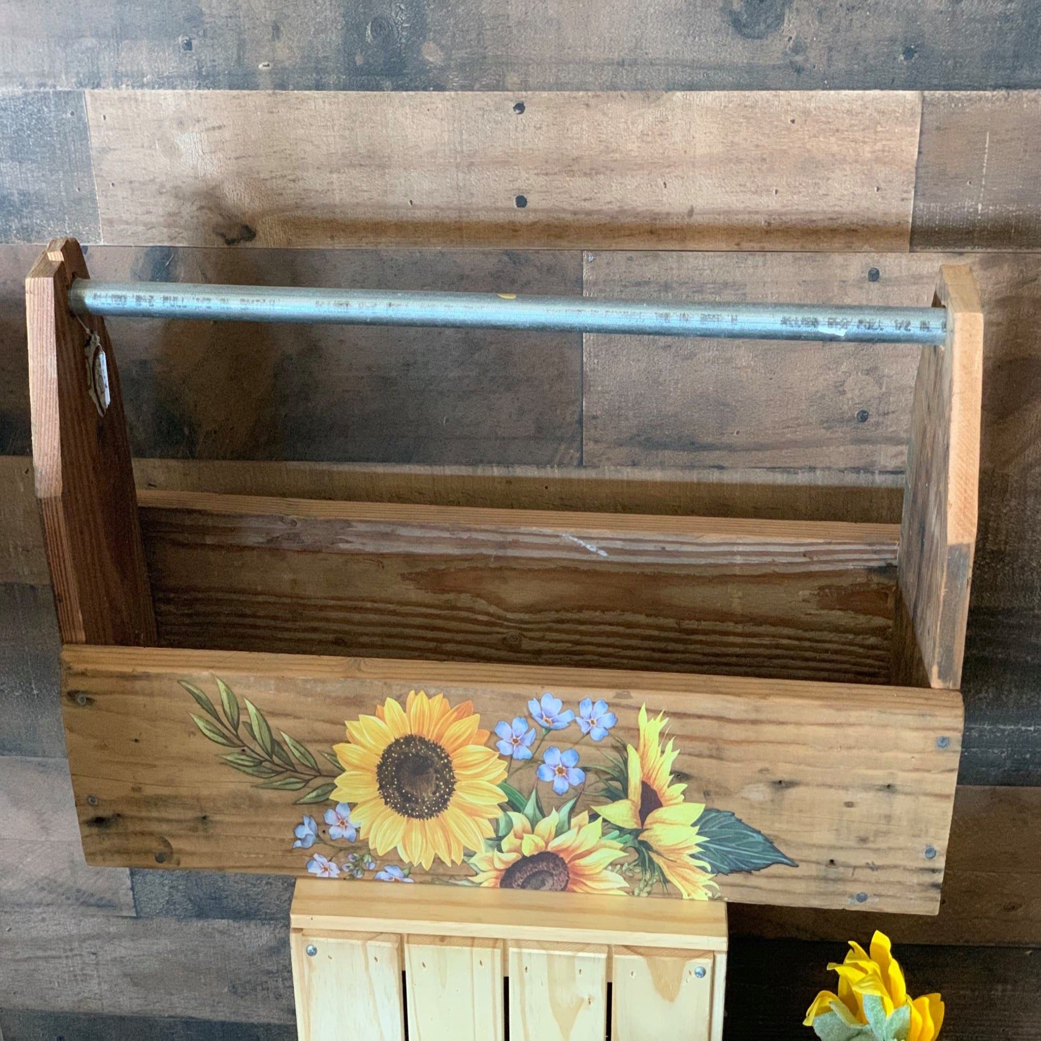 A vintage natural wood toolbox refurbished by The Chalk of the Town features ReDesign with Prima's Sunflower Fields transfer on it.