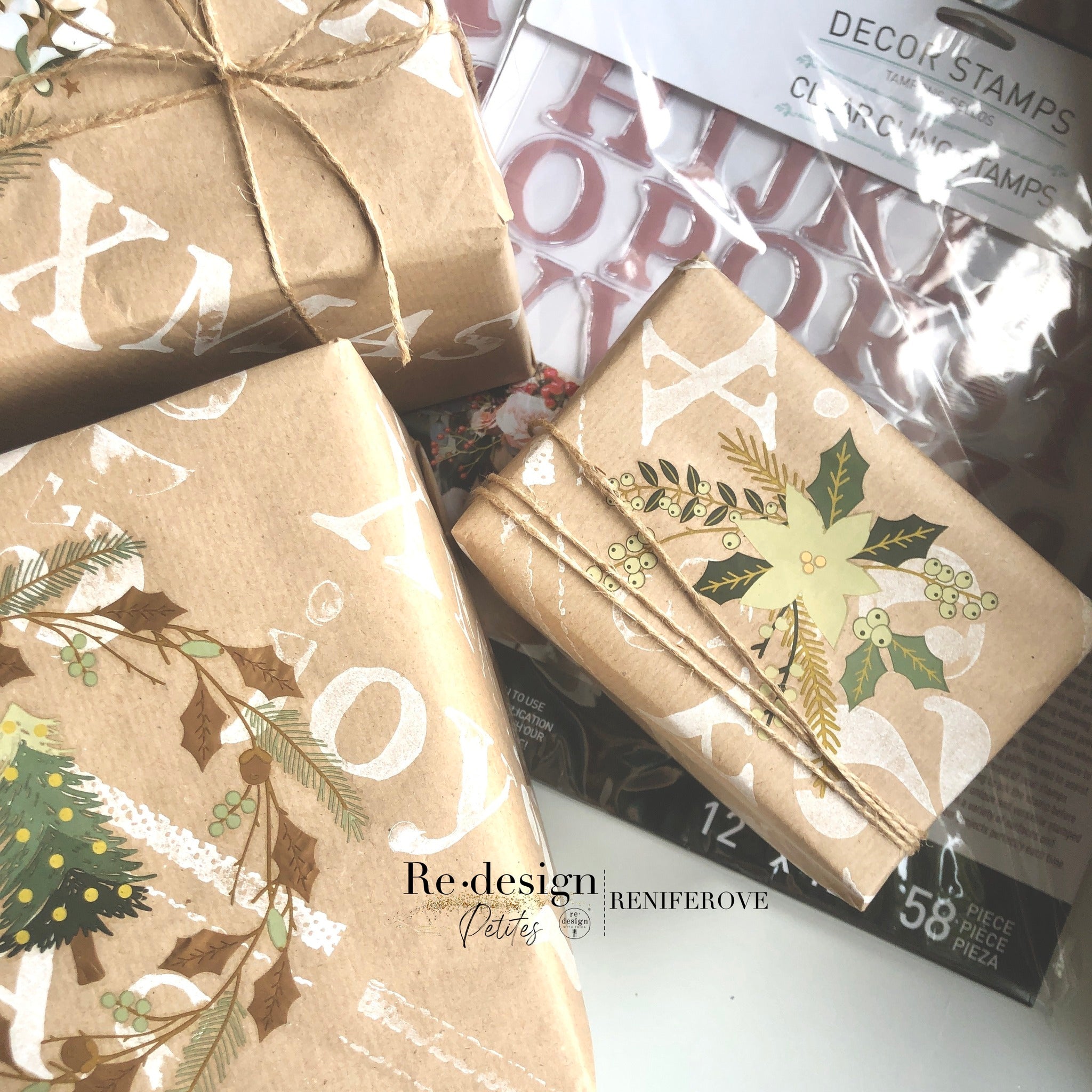 Brown paper wrapped gifts created by Reniferove features ReDesign with Prima's Holiday Spirit small transfers on them.