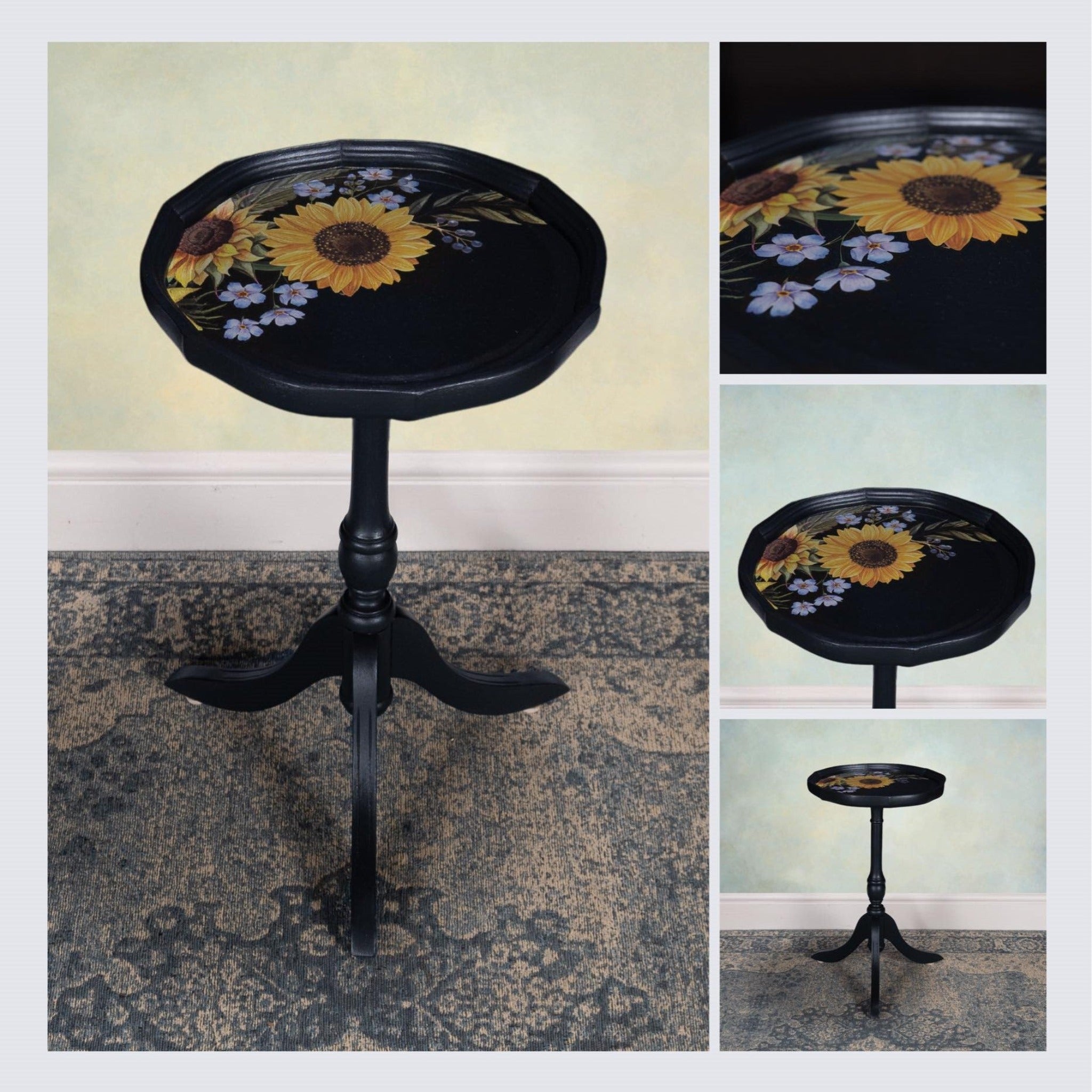 A vintage plant stand refurbished by Gracie's House is painted black and features ReDesign ewith Prima's Sunflower Fields transfer on the top of the stand.