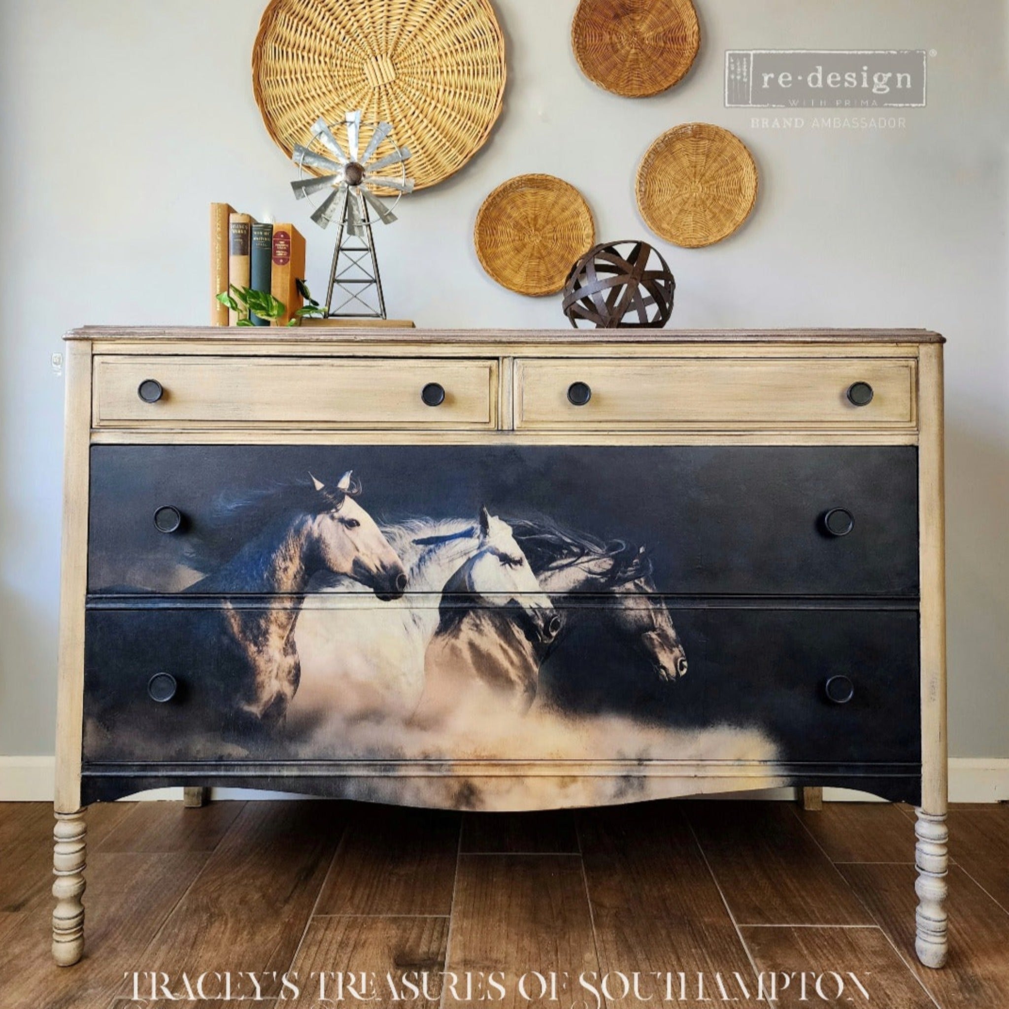 A vintage dresser refurbished by Tracey's Treasures of Southampton is painted a pale tan color and features ReDesign with Prima's Wild Hearts Run Free A1 fiber paper on its 2 large bottom drawers.