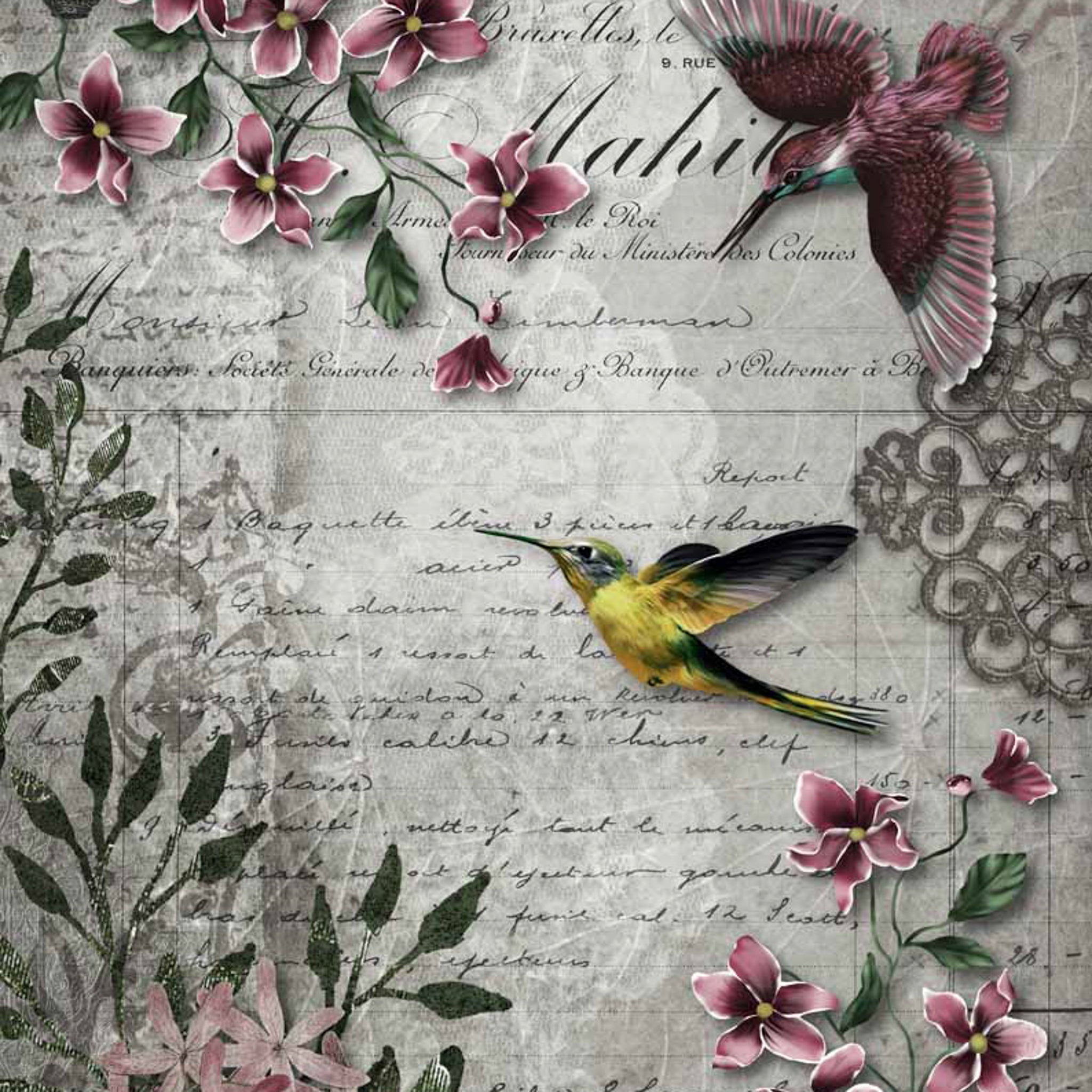 Close-up of an A0 rice paper design featuring a beautiful combination of hummingbirds, flowers, and scrollwork against a light gray script letter. 