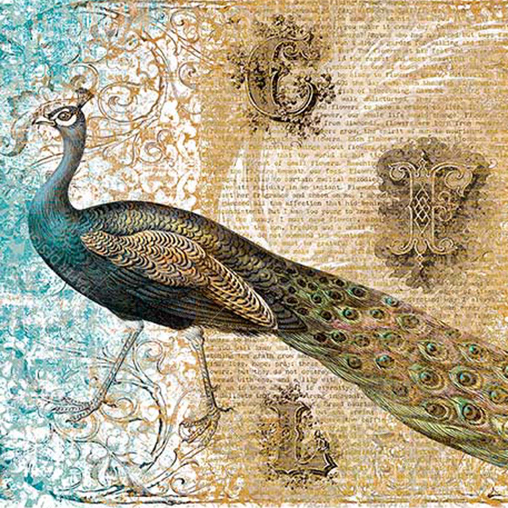 Close-up of an A3 rice paper design that features a stunning peacock against a gold and turquoise royal filagree background.