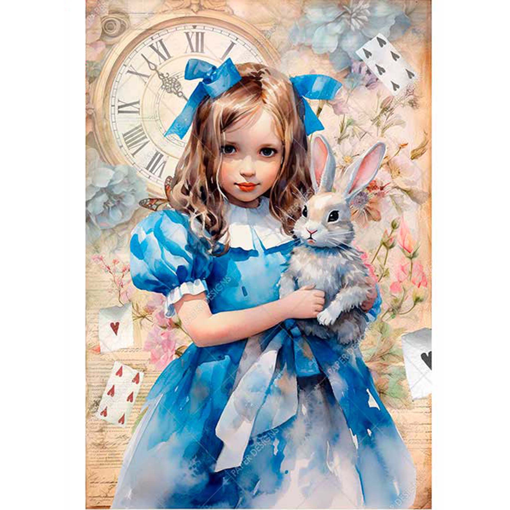 A3 rice paper design featuring a young Alice holding a white rabbit in front of a background filled with Alice In Wonderland themed items. White borders are on the sides.