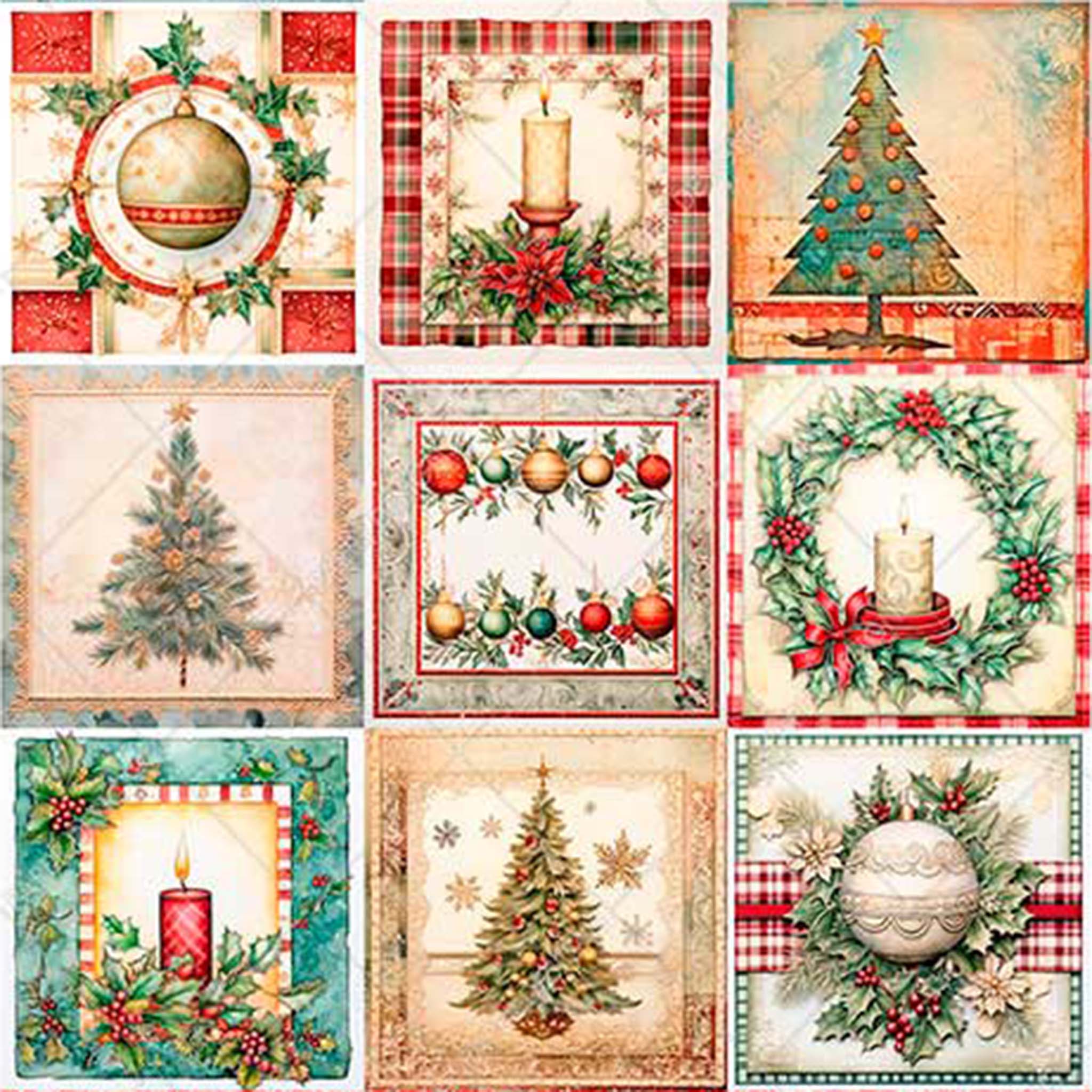 A3 rice paper design that features 12 unique miniature Christmas scenes, from Christmas Trees to ornaments to wreaths.