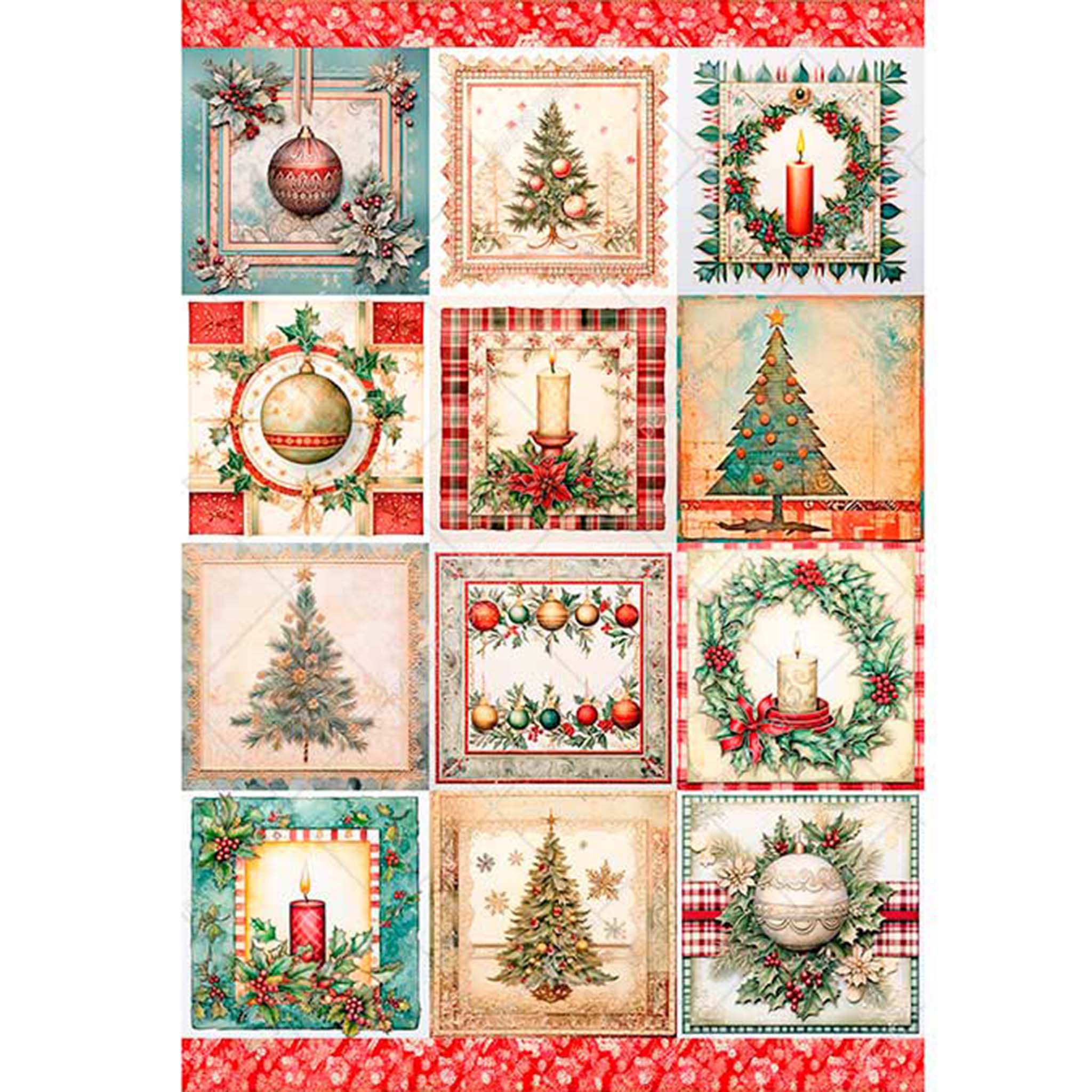 A3 rice paper design that features 12 unique miniature Christmas scenes, from Christmas Trees to ornaments to wreaths. White borders are on the sides.