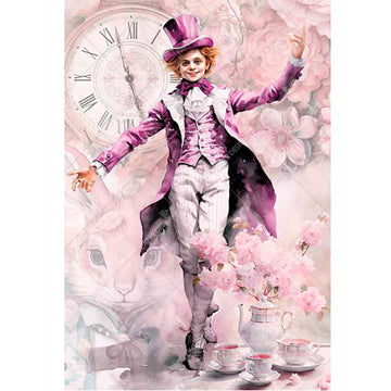 Rice paper featuring The Mad Hatter and a tea set against a large clock face and rabbit face in front of a pink floral background.