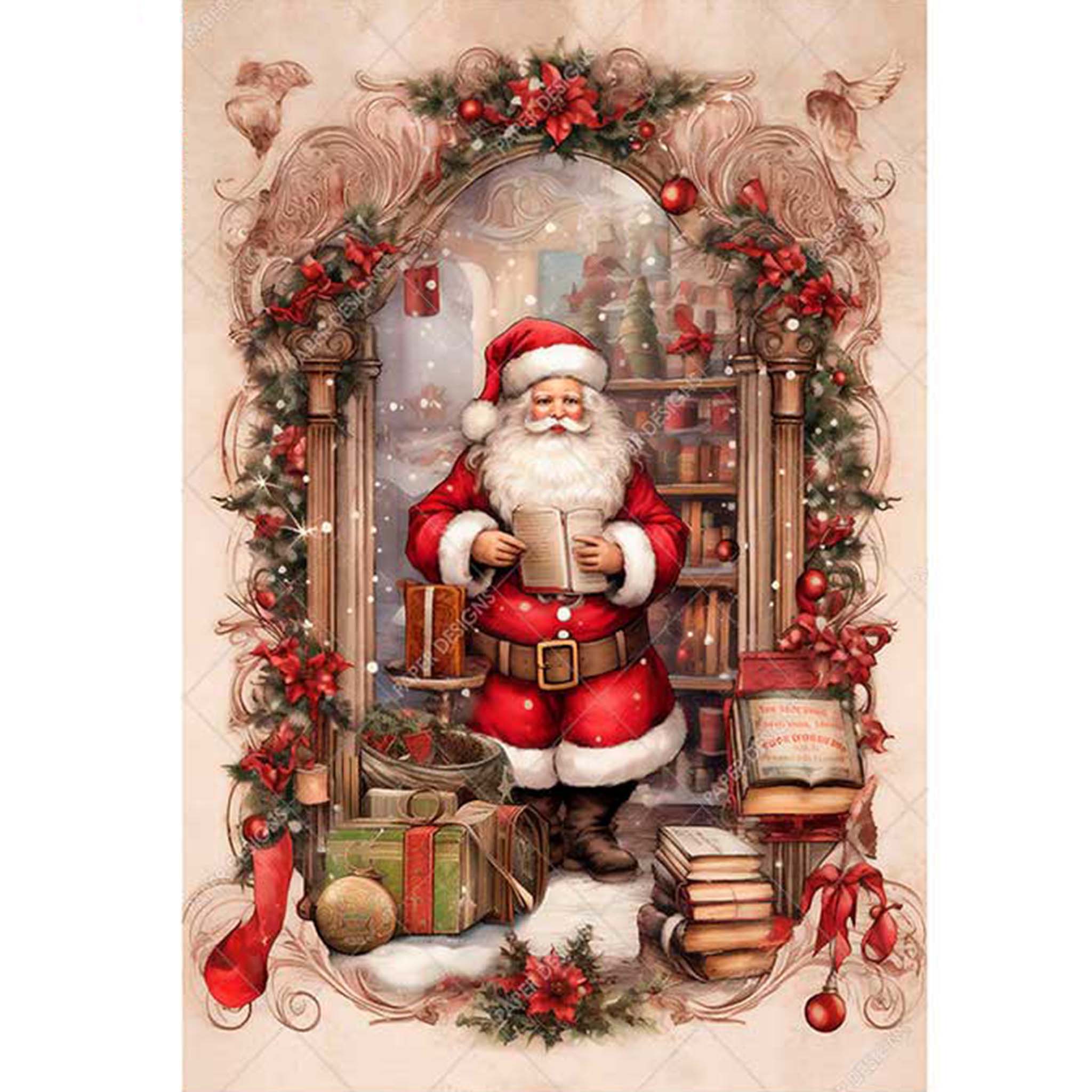 A3 rice paper design that features a whimsical Santa standing in front of a bookshelf, complete with a book in his hands. White borders are on the sides.