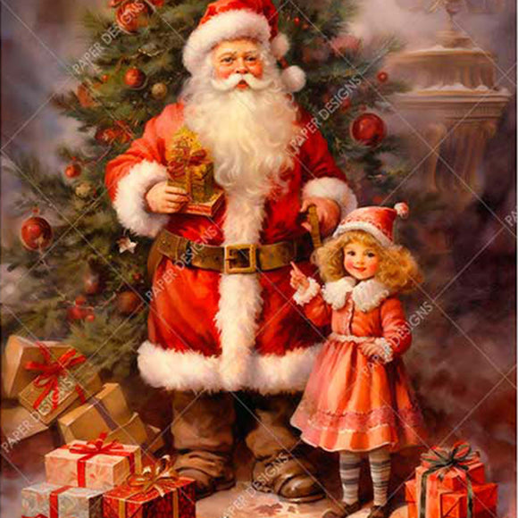 Close-up of a rice paper design featuring a Victorian Santa with an adorable little girl in front of a festive Christmas tree.