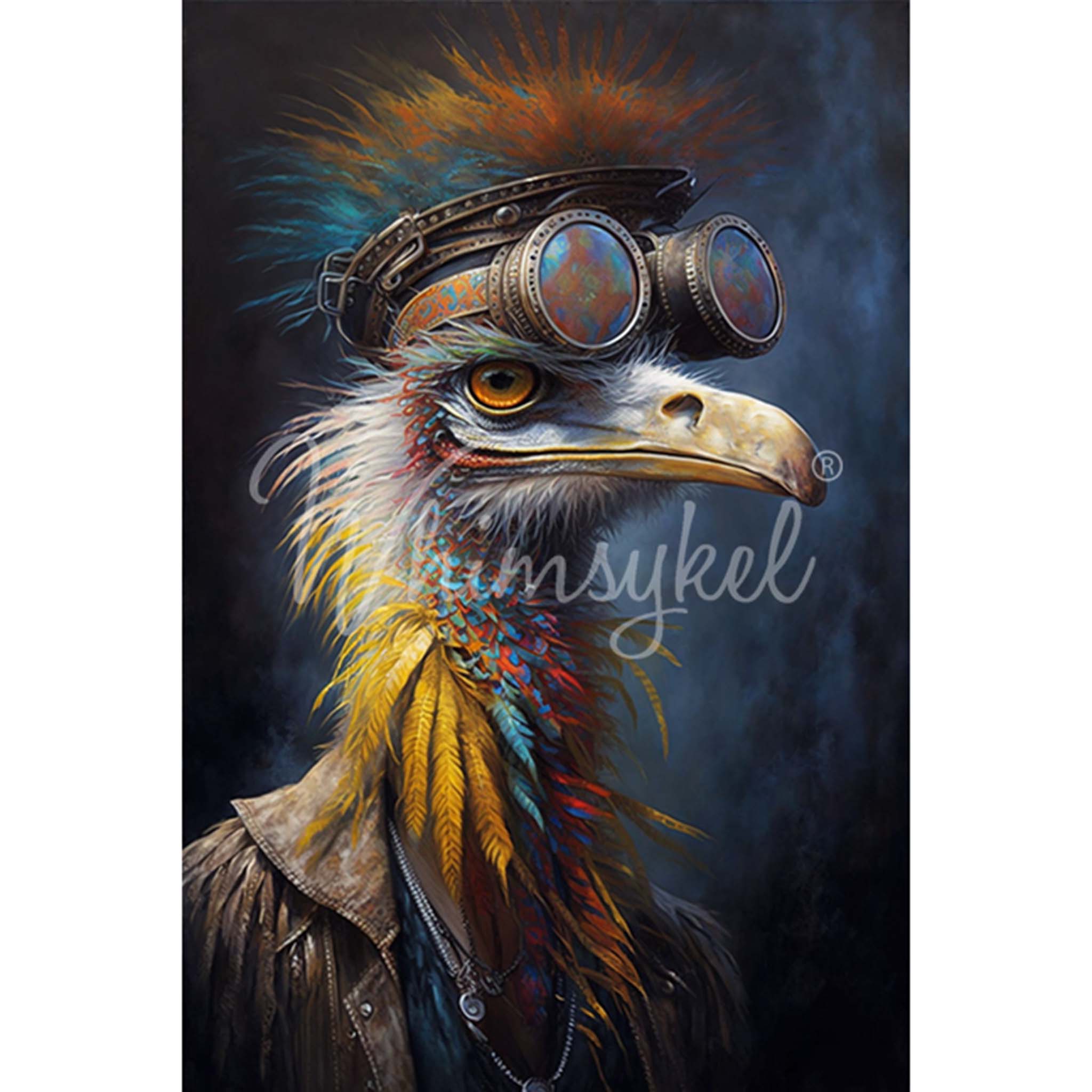 Tissue paper design that features a delightful portrait of a bird that exudes a carefree and bohemian spirit with a leather jacket on and a Steampunk style cap and goggles on its head. White borders are on the sides.
