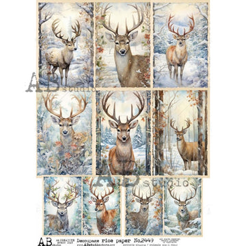 An A4 rice paper featuring 10 portraits of reindeer against stunning snowy scenes is against a white background.