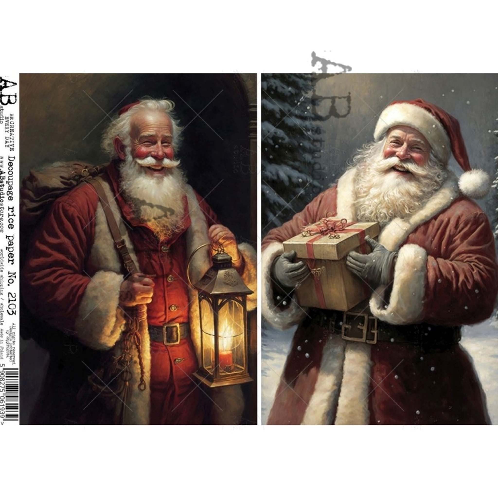 A4 rice paper design of 2 scenes of realistic style portraits of grinning Santas. One is holding a lantern and gift sack. The other is outside in the snow holding a present. White borders are on the top and bottom.