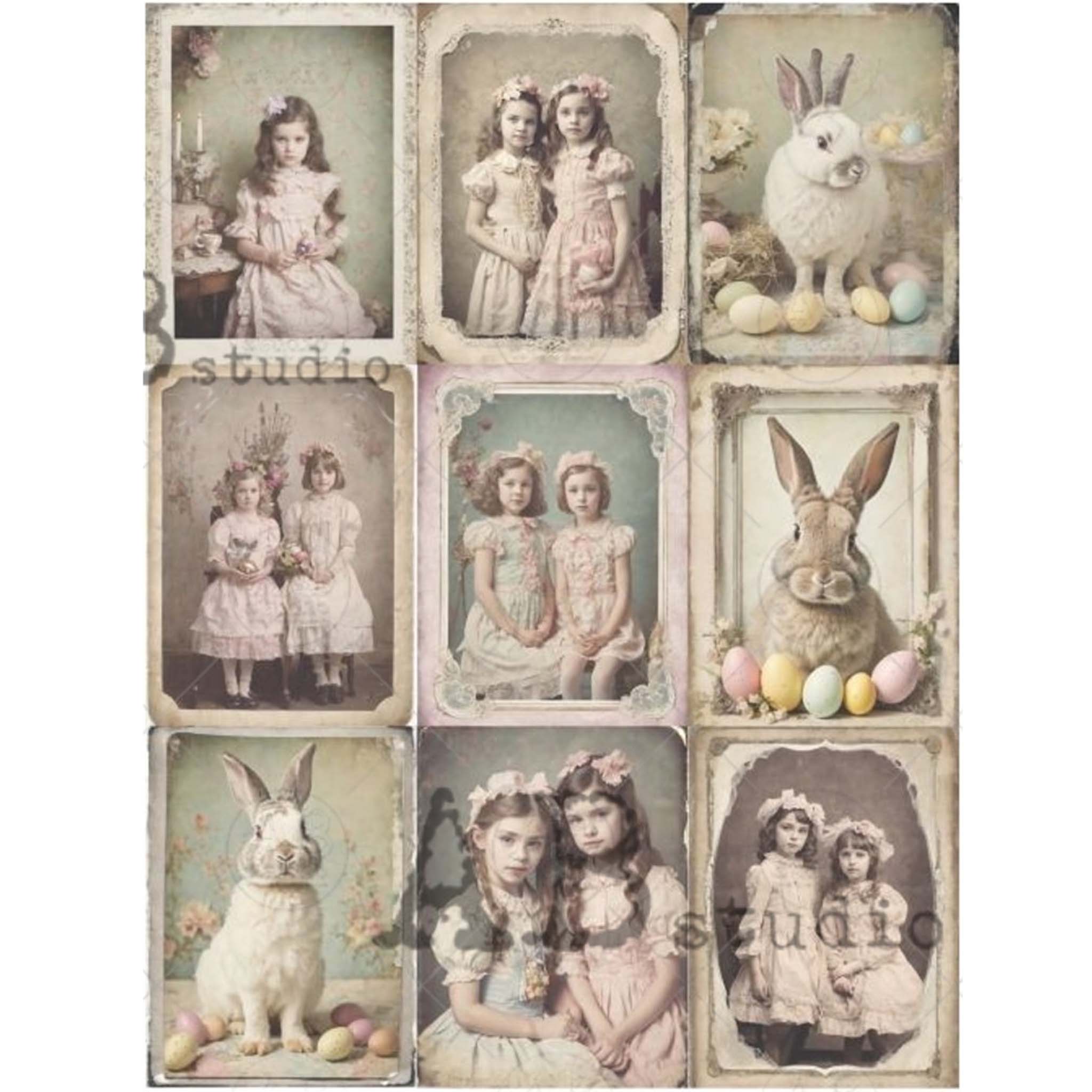 An A4 rice paper that features 9 unique designs, including adorable bunnies with Easter eggs and charming vintage portraits of little girls in Easter dresses is against a white background.