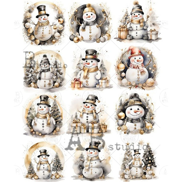 AB Studio - Golden Snowman Collection Decoupage Paper (A4 Size, Set of 12 Designs)