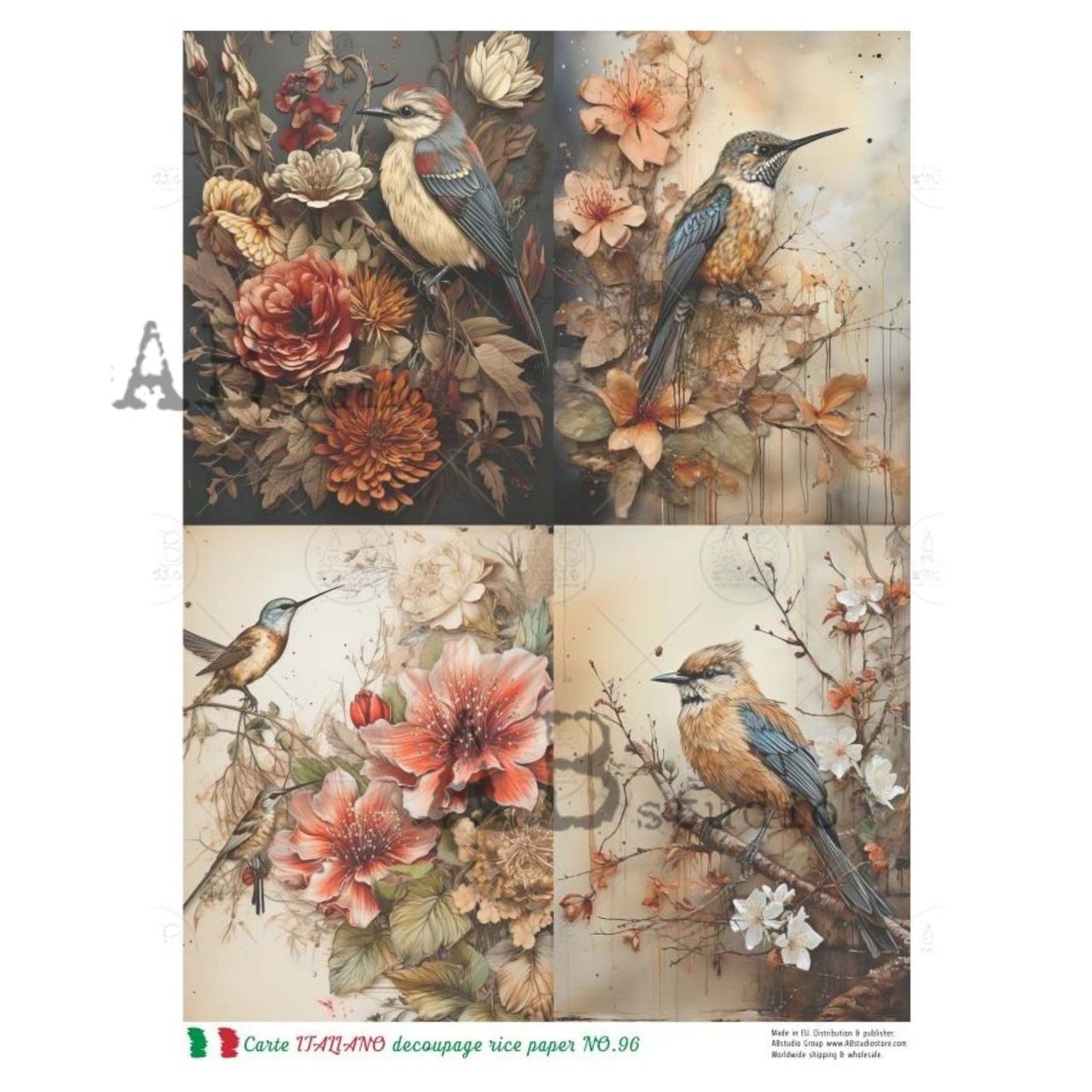 A4 rice paper featuring 4 beautiful images of birds surrounded by clusters of flowers.