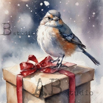 Painting of a bird on a gift box with a red bow against a snowy background