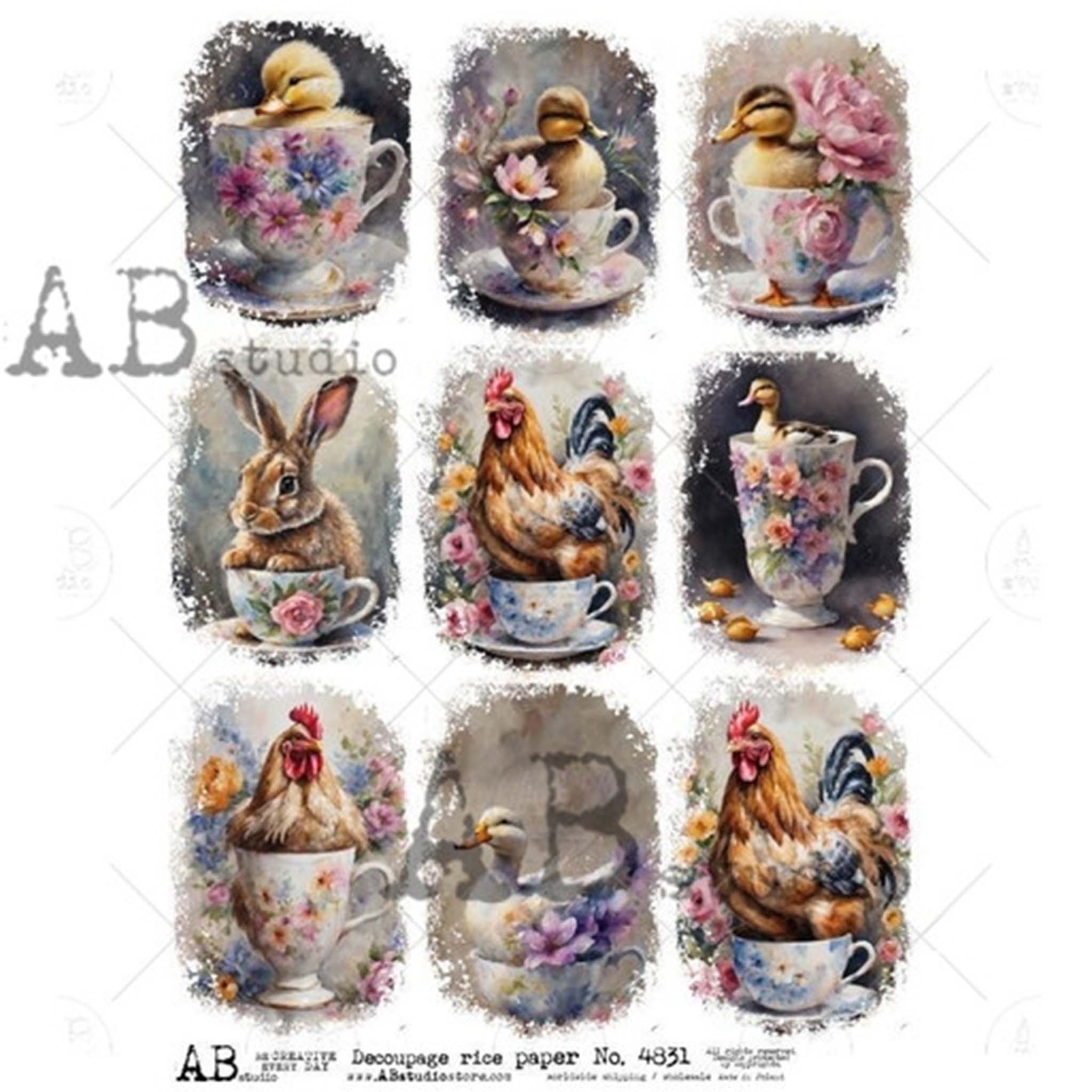 A4 rice paper design that features 9 images of adorable animals sitting in teacups with floral accents are against a white background.