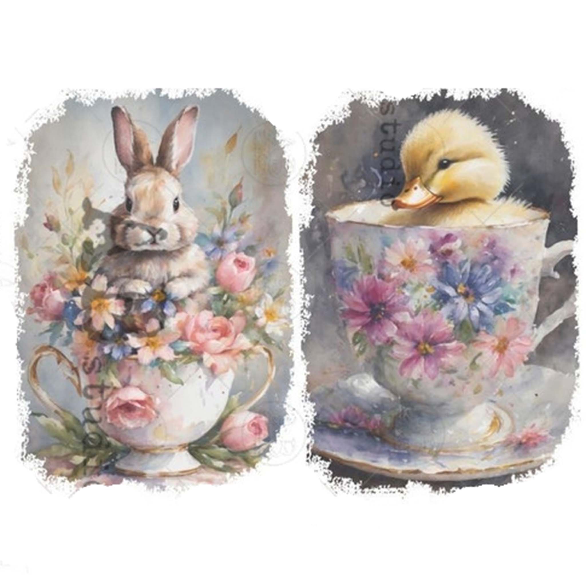 A4 rice paper designs that features two charming designs - a bunny and a duckling in teacups, with lovely flower details are against a white background.