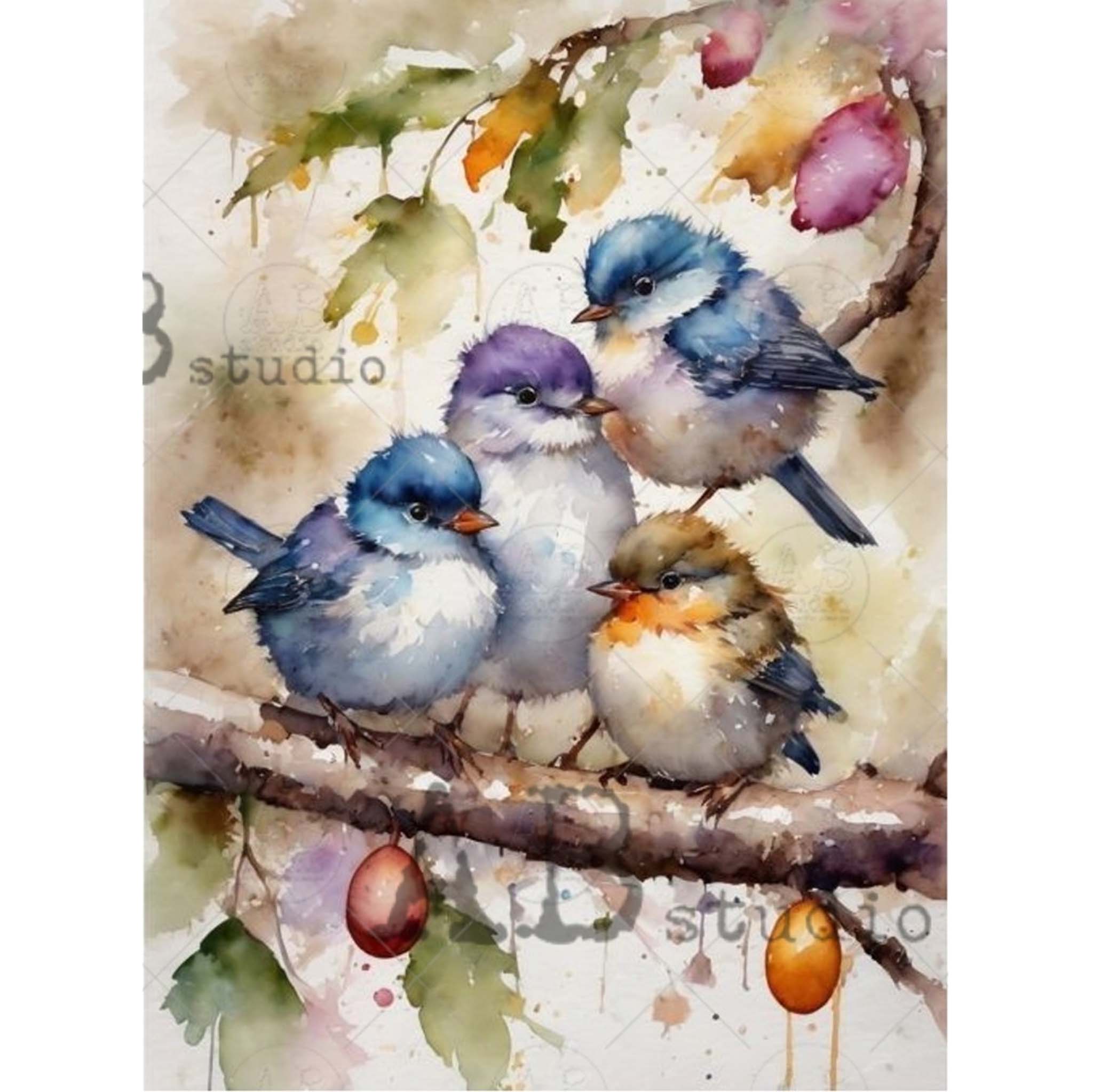 Watercolor Birds On A Branch A4 Rice Decoupage Paper