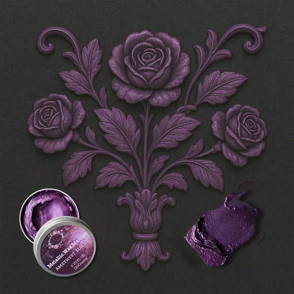 An open container of Dadarkar Art's Amethyst Mauve Metallic Wax Mousse is shown on a silicone mold casting of a bouquet of 3 roses. A color swatch sample is also shown.