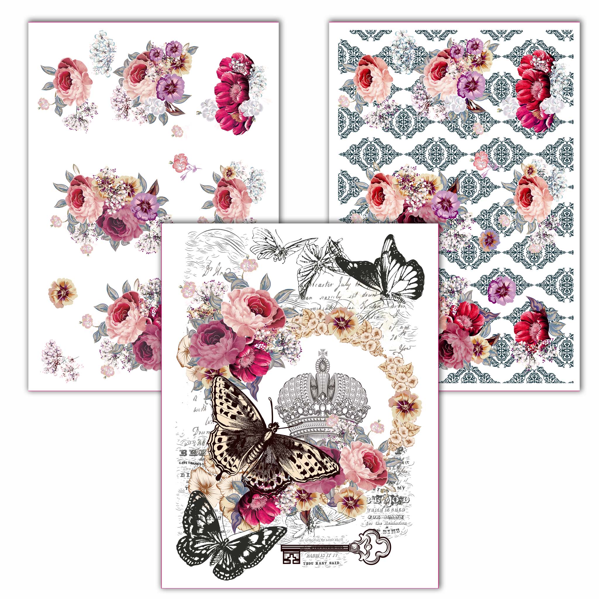 Three sheets of rub-on transfers that feature an ornate crown, romantic roses and fluttering butterflies; small bouquets of mauve and purple flowers; and a repeating black damask pattern with small bouquets of mauve and purple flowers.