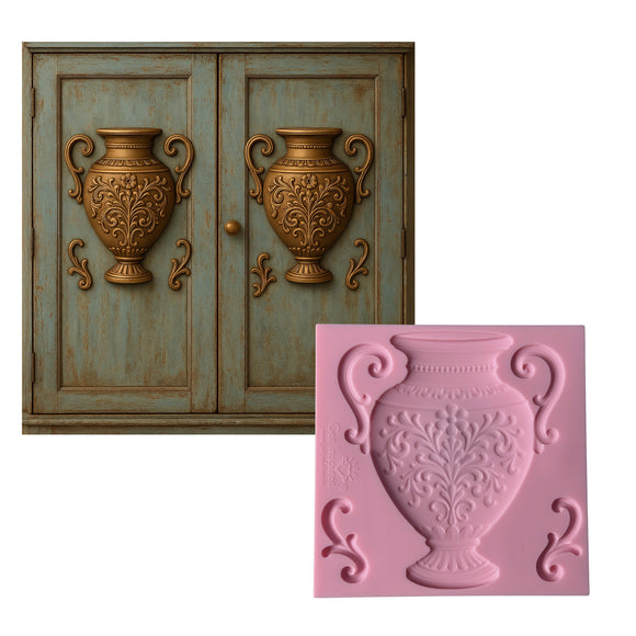 Decorative cabinet with ornate handles and a pink silicone mold with similar design.