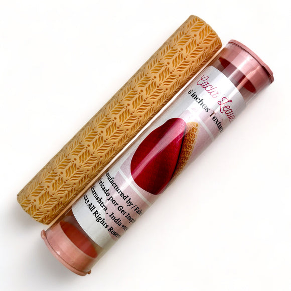 A texture roller and packaging tube of Dadarkar Art's Cacia Leaves Pattern are against a white background.
