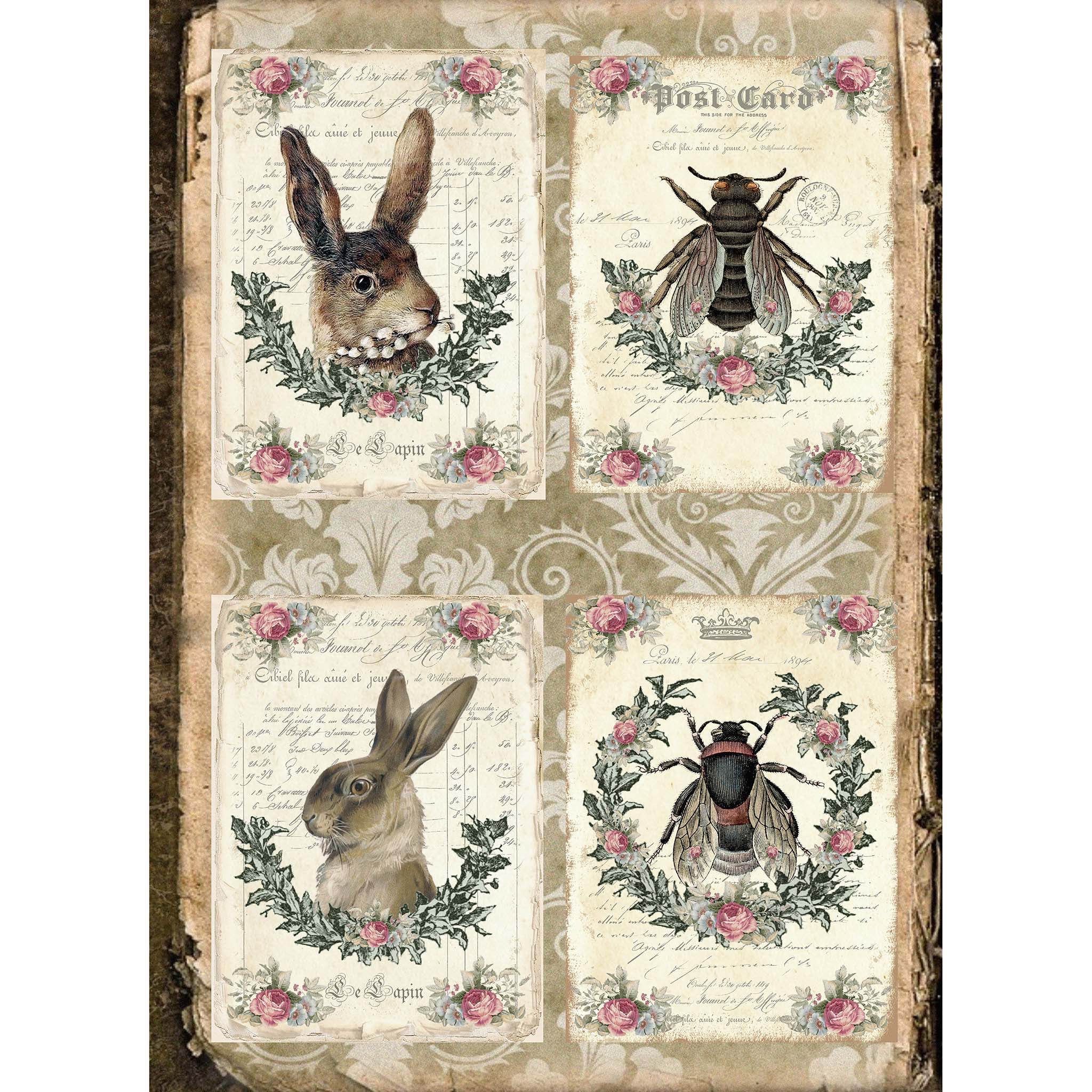 Tissue paper design that features  4 vintage slips of paper feature charming French script and adorable illustrations of rabbits, bees, and flowers. White borders are on the sides.