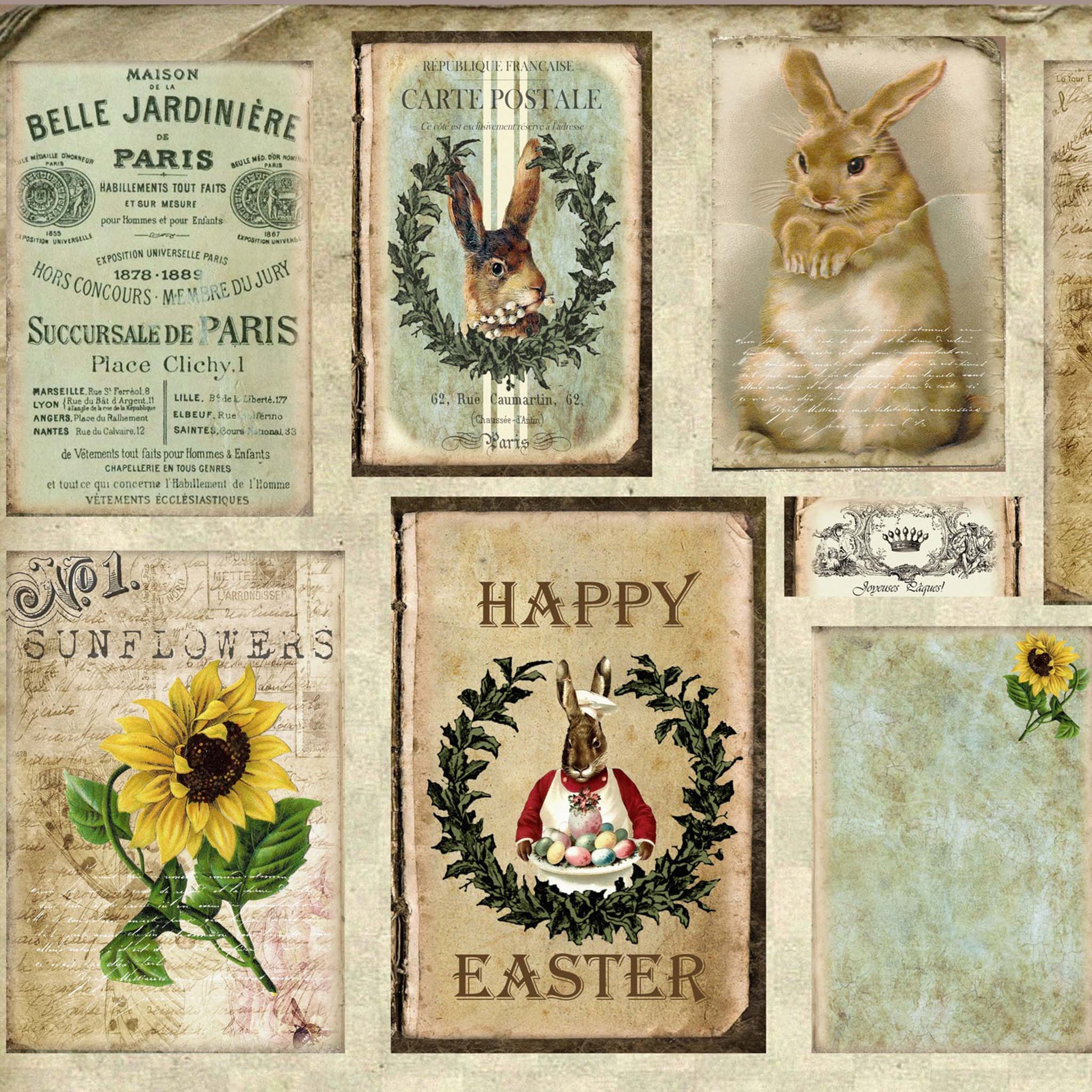 Close-up of a tissue paper that features 9 unique vintage-style designs including bunnies, sunflowers, and an easter image, some set on old documents with French script.