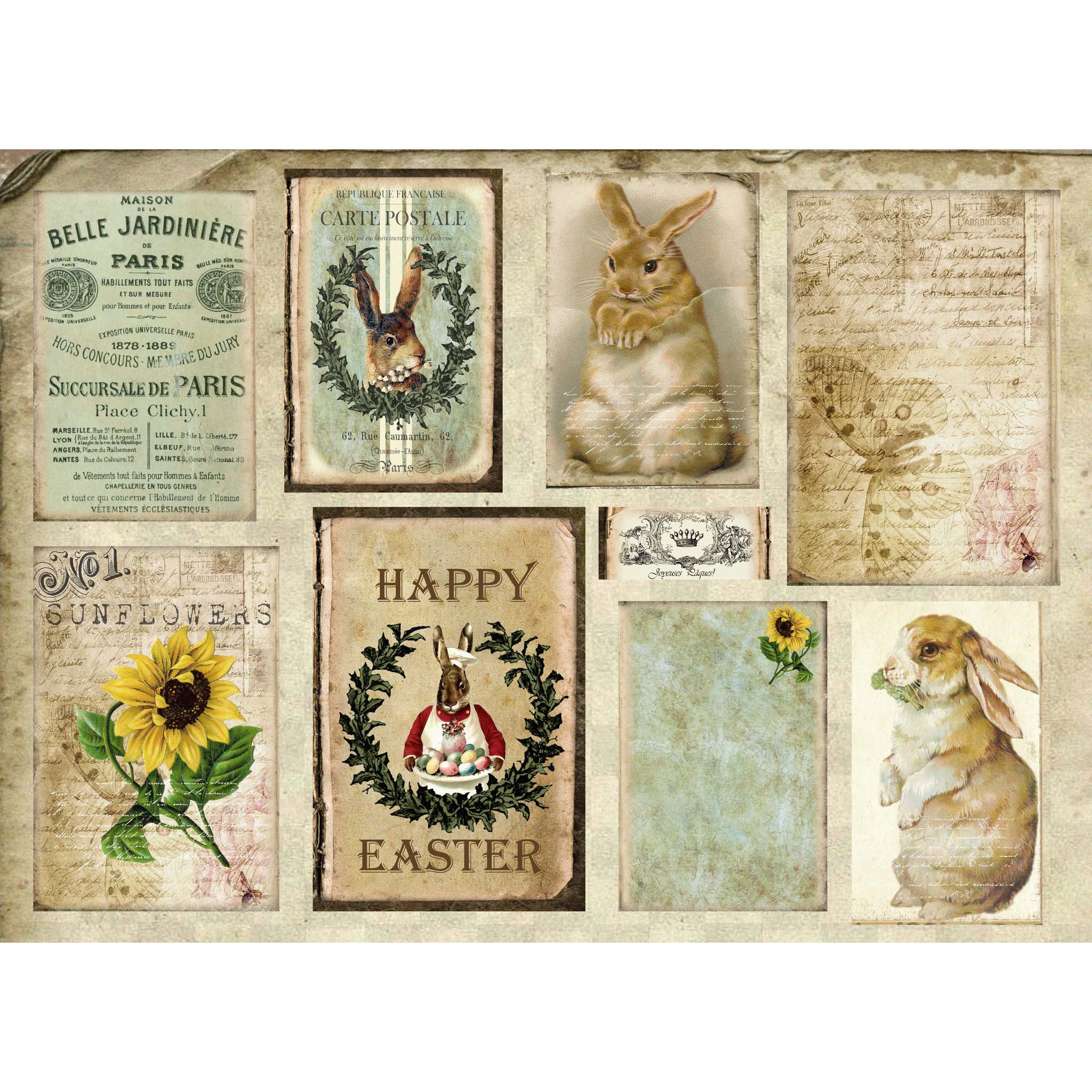 Tissue paper that features 9 unique vintage-style designs including bunnies, sunflowers, and an easter image, some set on old documents with French script. White borders are on the top and bottom.