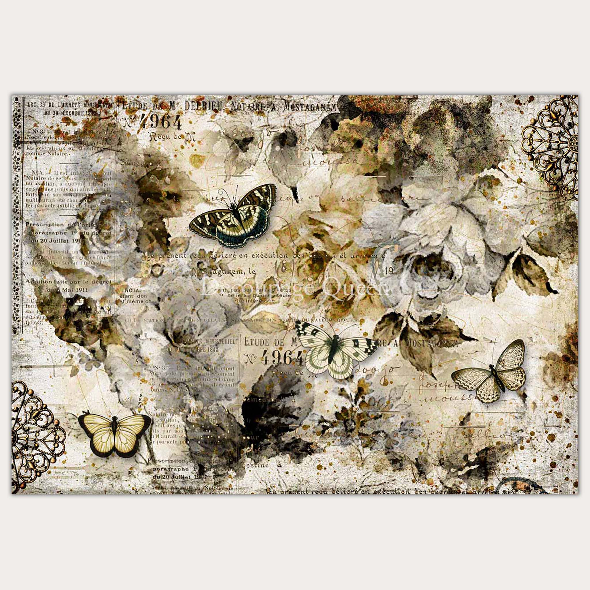 A4 rice paper design that features vintage sepia colored magazine parchment with roses and butterflies. White borders are on the top and bottom.