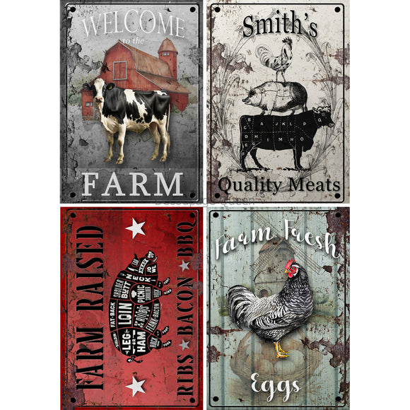 Rice paper featuring 4 unique depictions of the countryside, featuring charming barns, adorable farm animals, and weathered wood planks. White borders are on the sides.