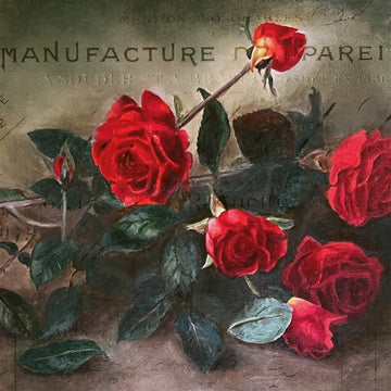 Close-up of a rice paper design featuring a small pile of red roses against a moody vintage background.
