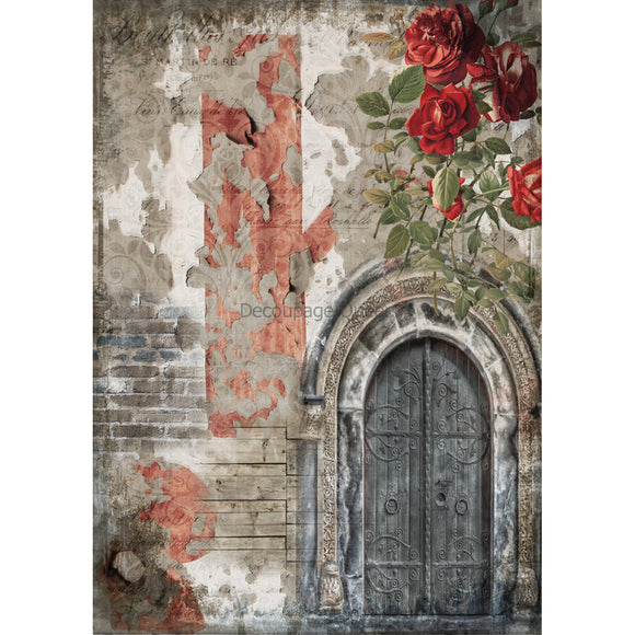 Rice paper featuring gorgeous red roses blooming over an arched doorway on a brick wall. White borders are on the sides.