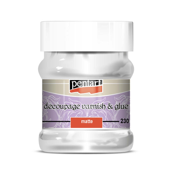 A 230ml container of Pentart's Matte Varnish Water Based Decoupage Glue is against a white background.