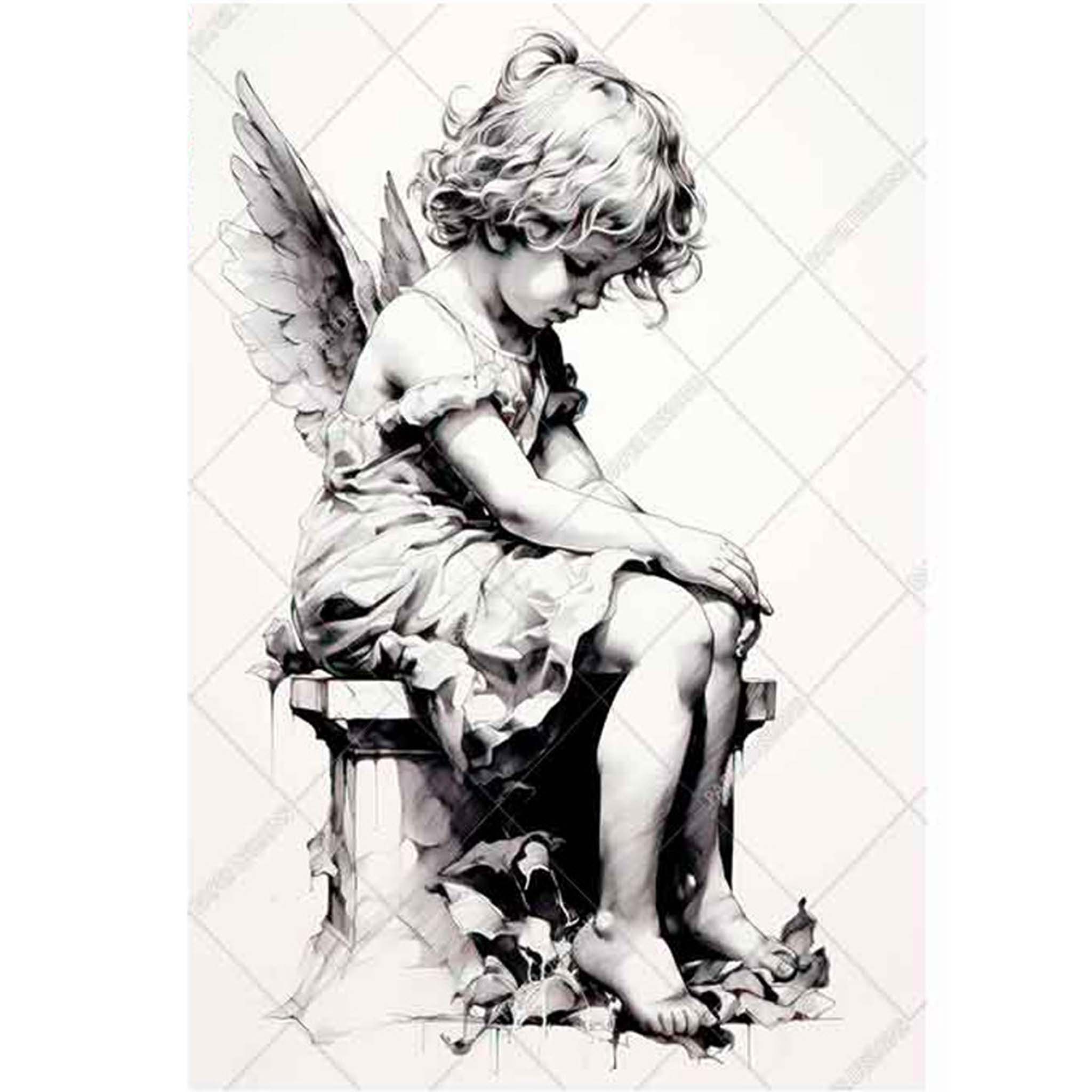 A4 rice paper design that features a beautiful sketch of a child angel sitting on a stone bench. White borders are on the sides.