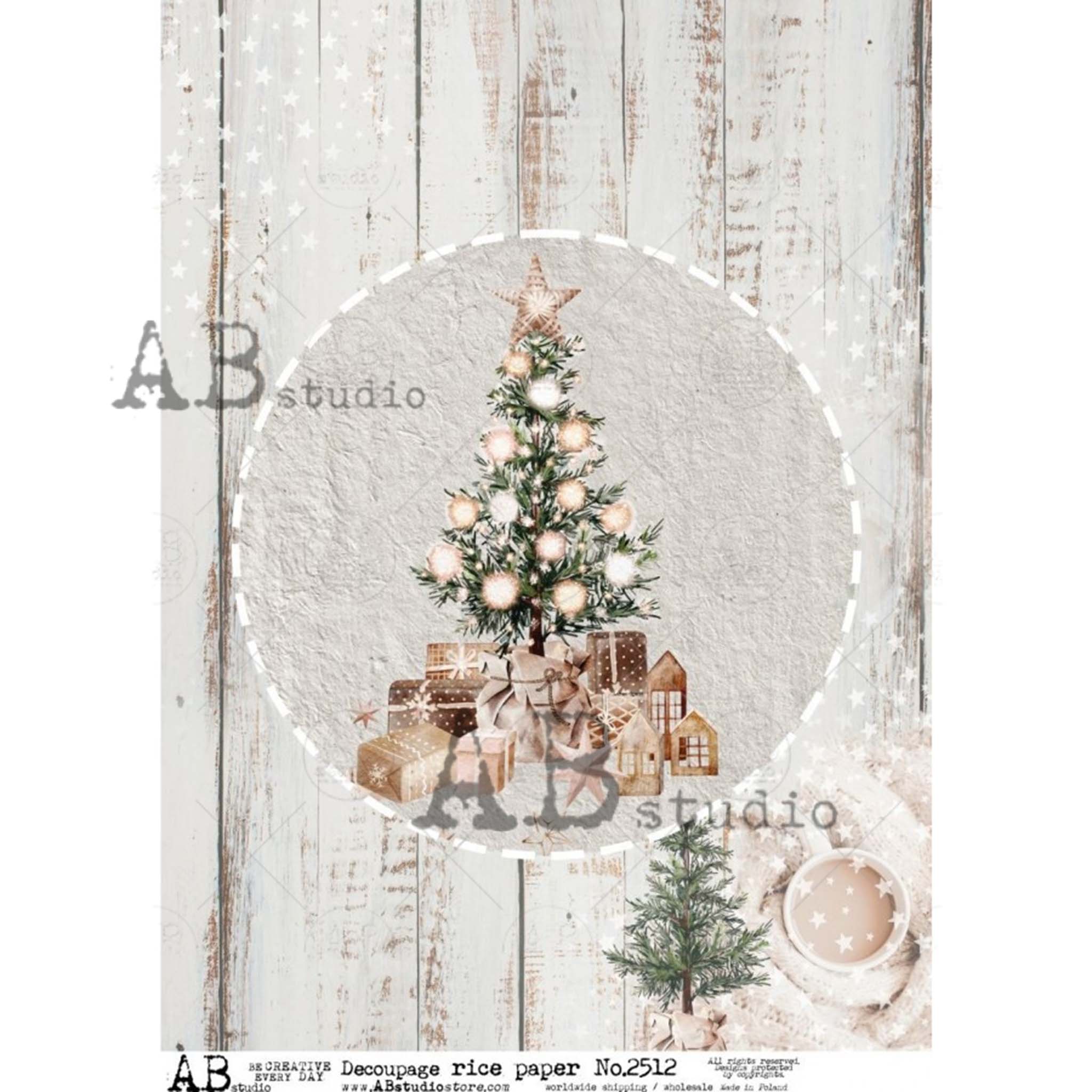 A4 rice paper design that features a shabby chic barn wood background that has a beautiful central Christmas tree design with gifts underneath.