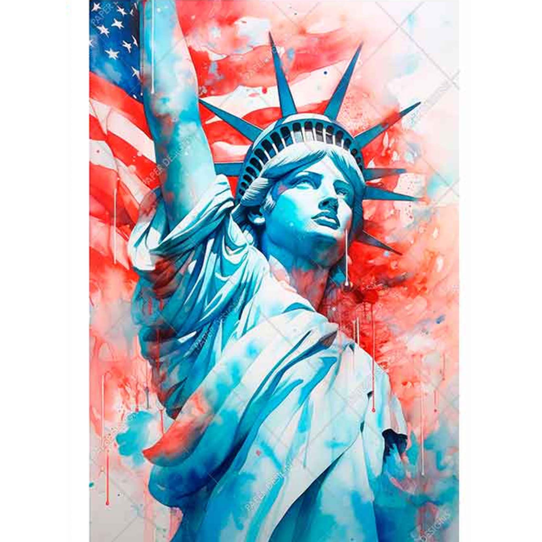 A4 rice paper design that features the iconic Statue of Liberty, proudly standing in front of a dripping painting of the American flag. White borders are on the sides.