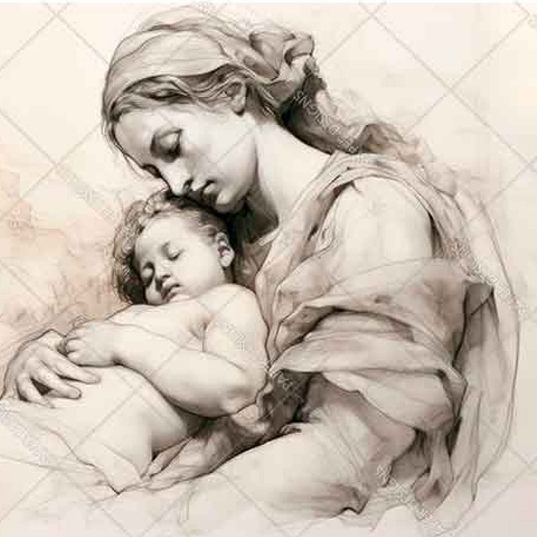 Close-up of an A4 rice paper design featuring a stunning pencil drawing of Mary holding a sleeping baby, sharing a tender moment.