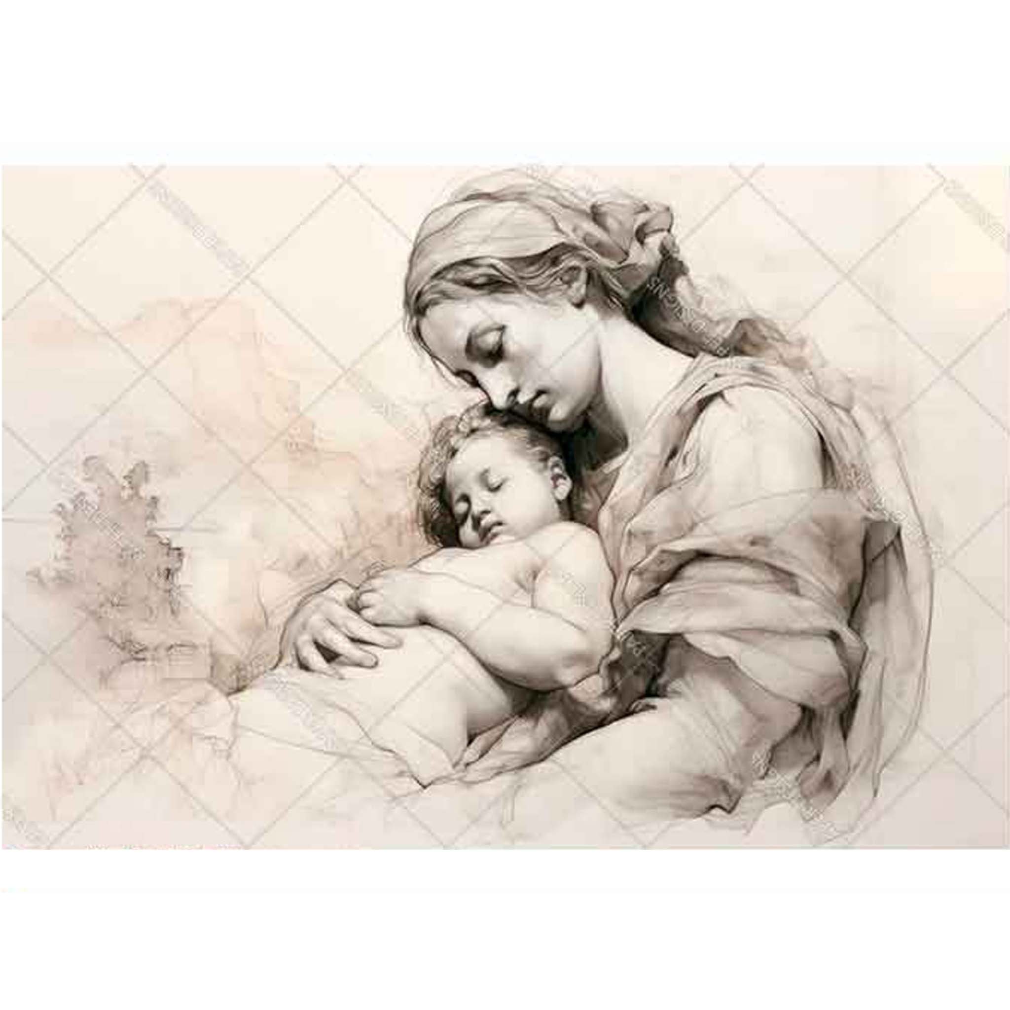 A4 rice paper design featuring a stunning pencil drawing of Mary holding a sleeping baby, sharing a tender moment. White border are on the top and bottom.