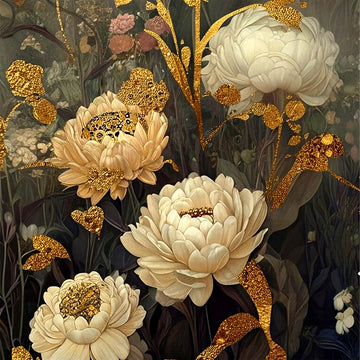 Close-up of a decoupage paper that features exquisite white and cream flowers with gold foliage on a dark floral backdrop.
