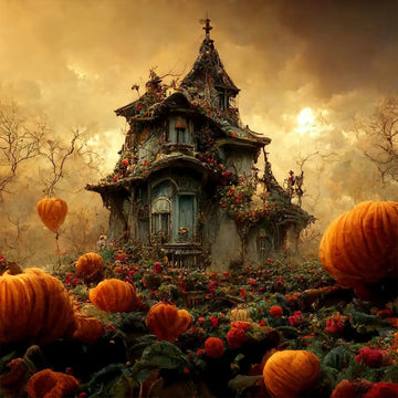 Close-up of a decoupage paper featuring a Victorian house surrounded by pumpkins against a spooky cloudy sunlit sky.