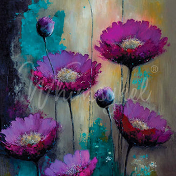 Close-up of a tissue paper design that features a painting of purple poppies against a dark moody background.