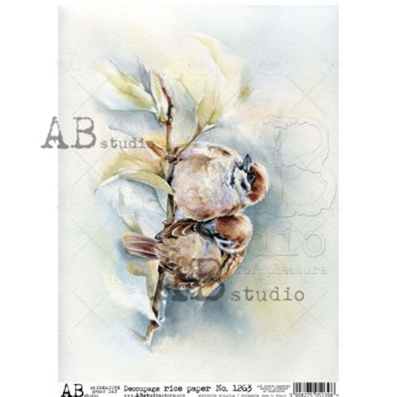 A4 rice paper design that features a beautiful watercolor image of two birds perched on a branch. White borders are on the sides.