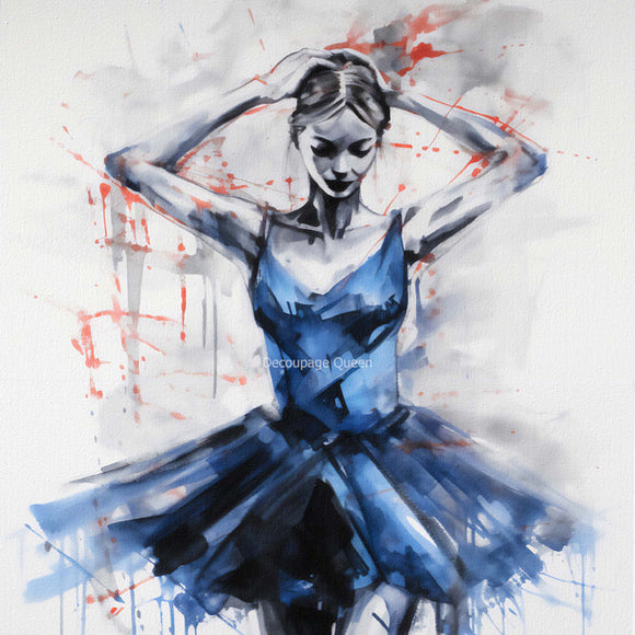Close-up of a rice paper design featuring a watercolor image of a ballerina in a blue tutu.