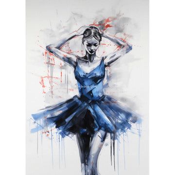 Rice paper design featuring a watercolor image of a ballerina in a blue tutu. White borders are on the sides.