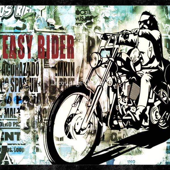 Close-up of a rice paper featuring a unique pop art design featuring a motorcycle rider and magazine print.