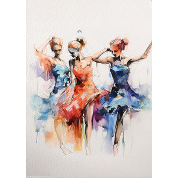 Rice paper design featuring a vibrant watercolor design of three ballerinas in blue and orange dresses. White borders are on the sides.