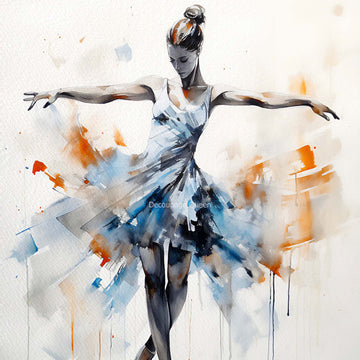 Close-up of a rice paper watercolor design featuring a beautiful ballerina twirling in a blue dress.