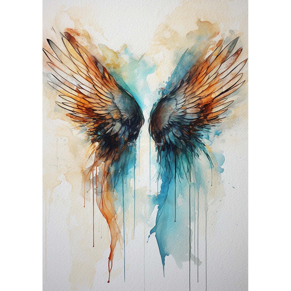 Rice paper design featuring a stunning design of watercolor angel wings in blue and orange with paint streaming down. White borders are on the sides.